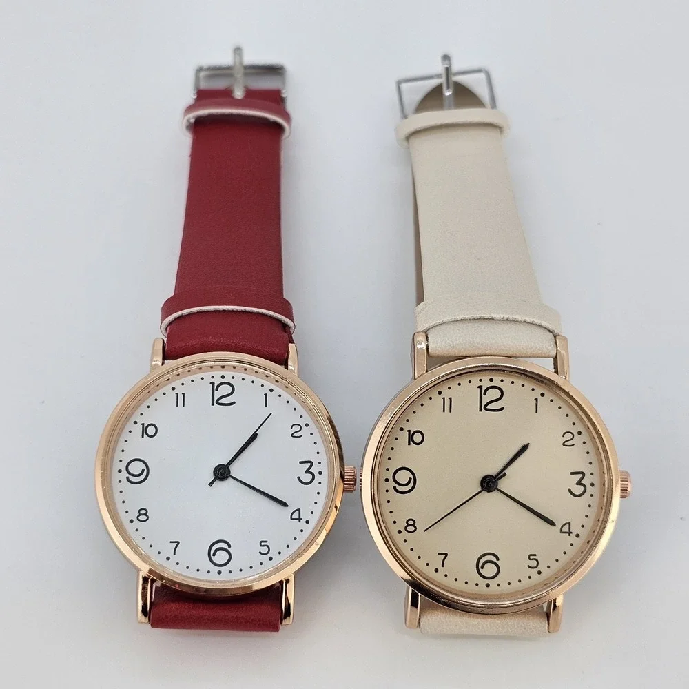 2X Women's‎ Watch 36MM White Cream Dial Red Cream Faux Leather Bands NEW Battery